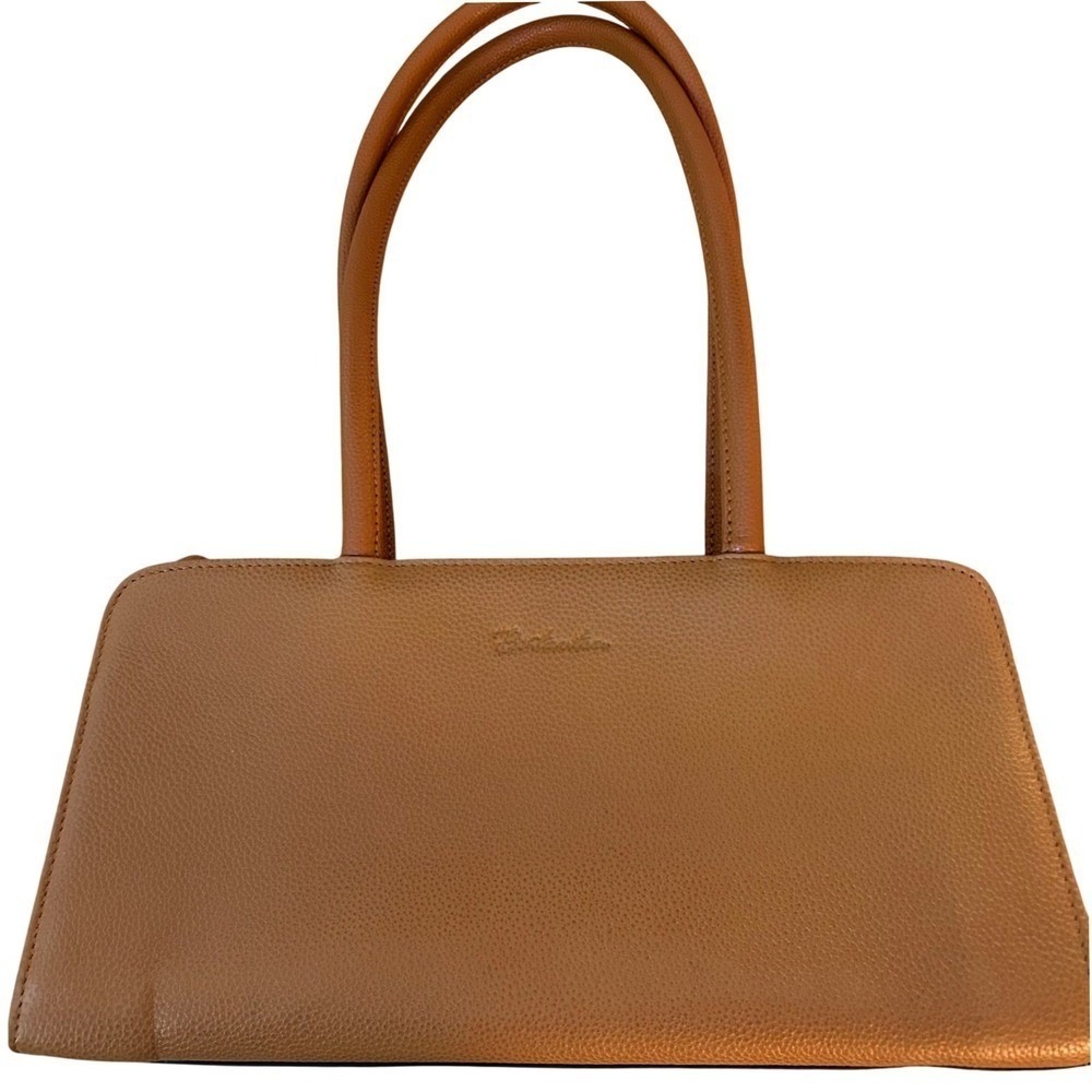 Bostanten Leather Satchel Shoulder Bag Cognac Brown‎ Boxy Top Handle Zip Closure